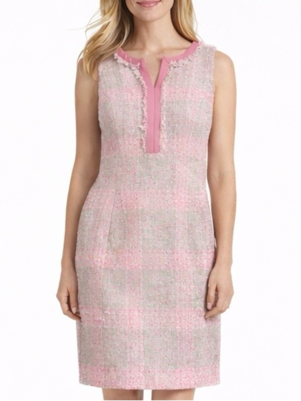 Brooks Brothers Pink Tweed Sheath Dress Italian Fabric Fringe Trim Size 8